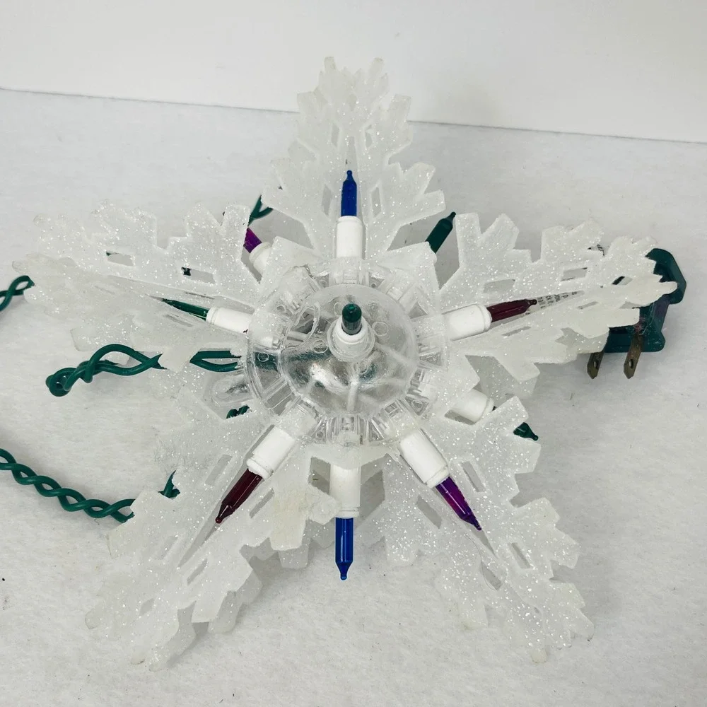 Glittery White Snowflake Christmas Tree Topper Multi-Color Lights 8.5 Inch Star